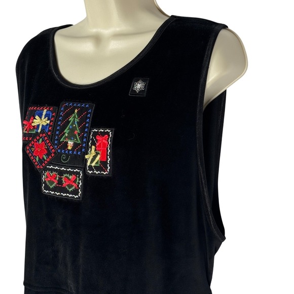 Vtg Erika Black Velour Christmas Maxi‎ Dress XL Sleeveless Presents Tree Holiday - Picture 5 of 12
